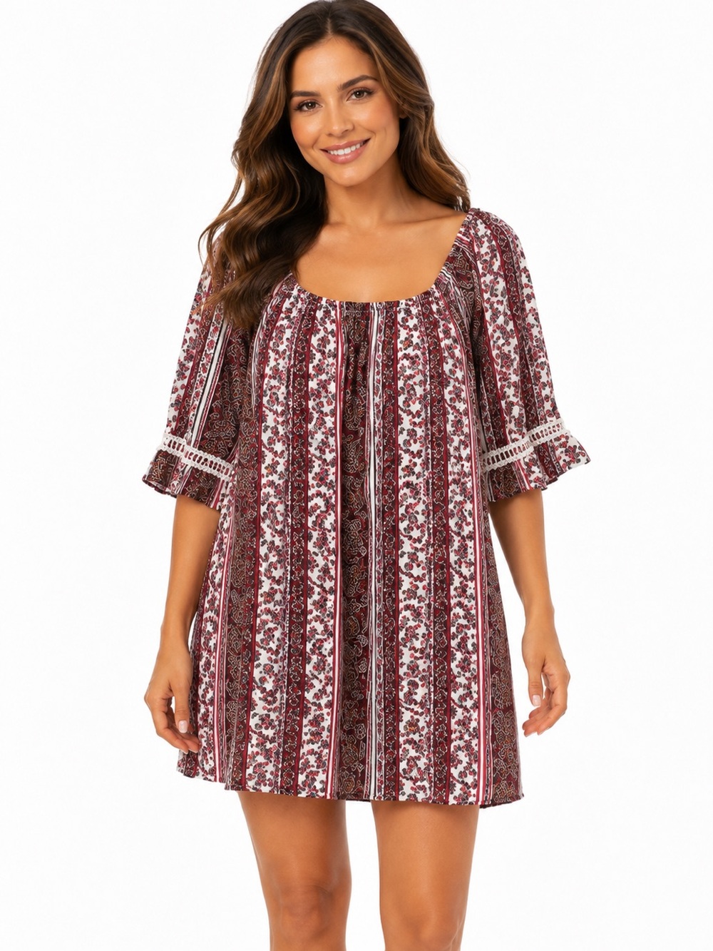 NAIF Burgundy and Cream Boho Midi Dress